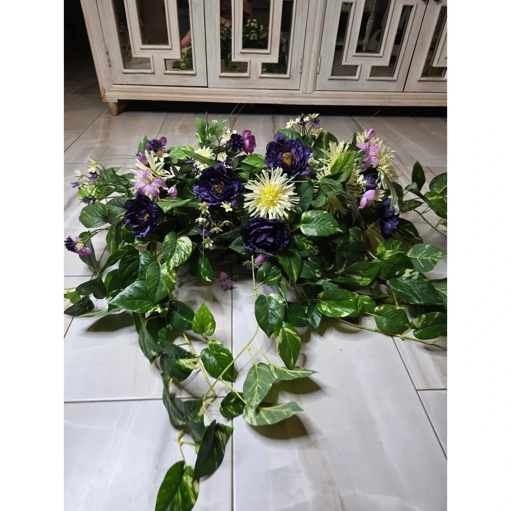 Silk‎ Purple Peony Cream Chrysanthemum Floral Arrangement in Wicker Basket 35in